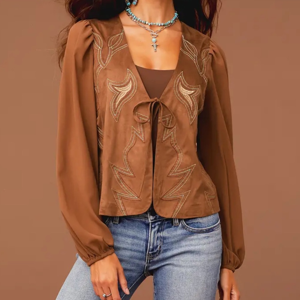 Sterling & Stitch Embroidered Faux Suede Front Tie Top XL Western Rodeo Concert